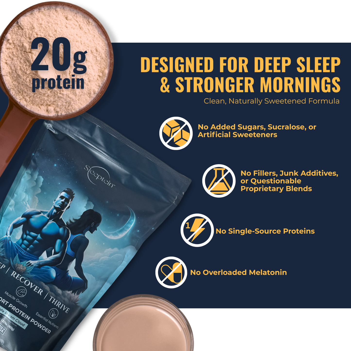 Protein powder package with text highlighting benefits on a dark blue background