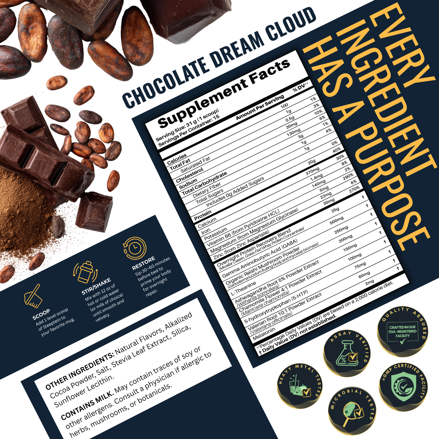 Supplement packaging with ingredients, supplement facts, and branding elements.
