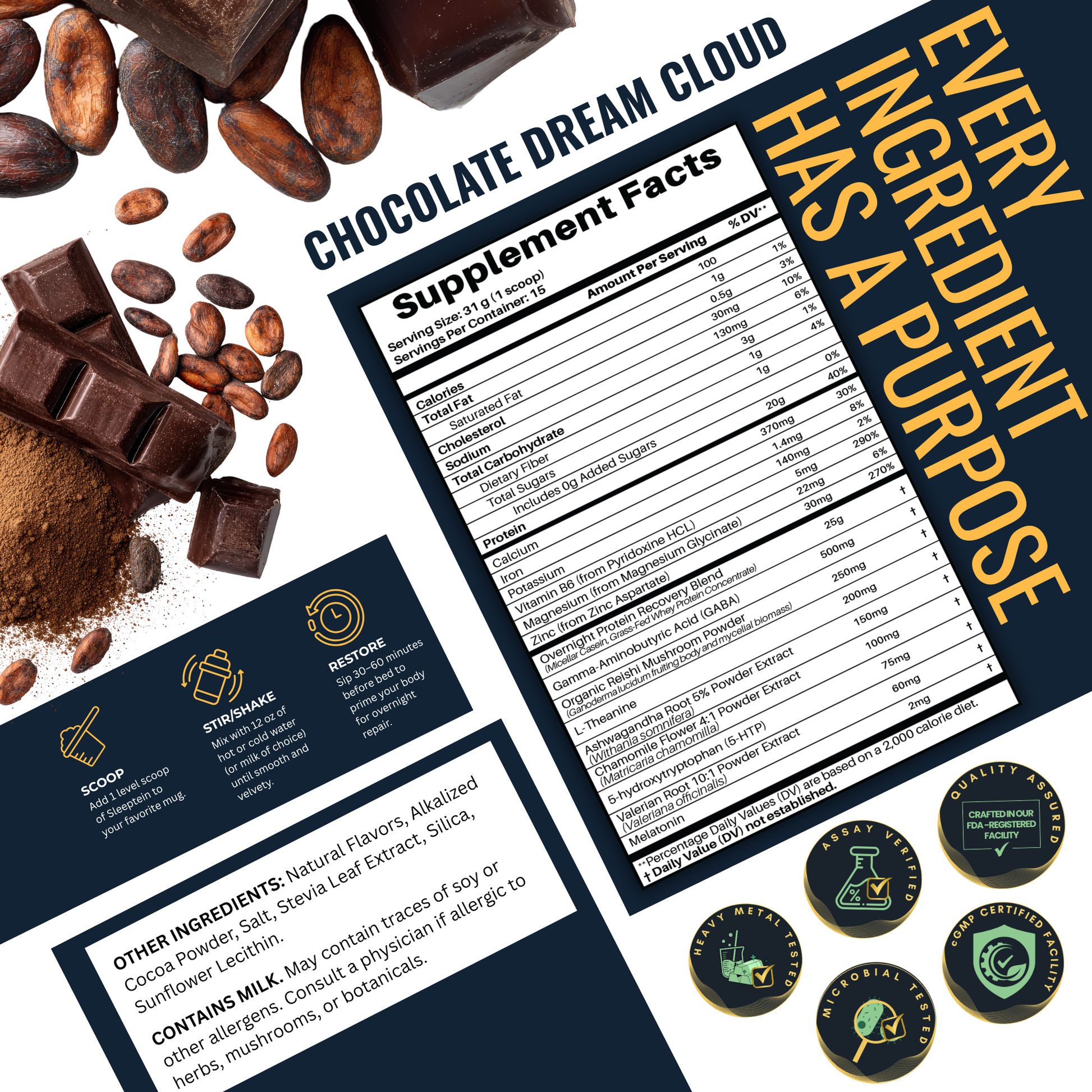 Supplement packaging with ingredients, supplement facts, and branding elements.